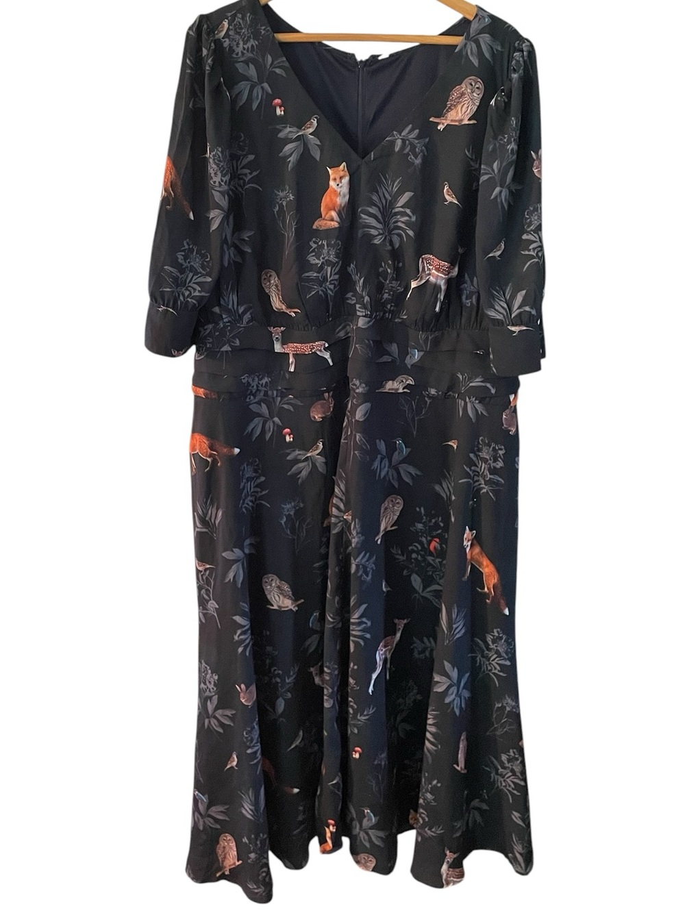 TT3- Wayward Fancies Nature Black Fox & Owl Print V-Neck Women's Dress